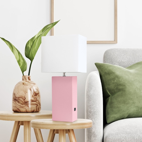 21 Leather Base Table Lamp With USB Charging Port , White Rectangular Shade, Pink
